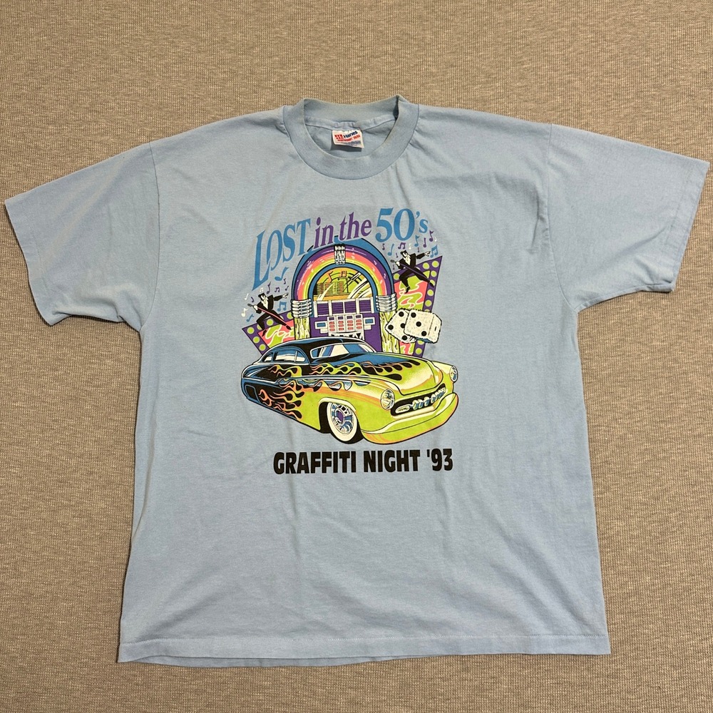 Vintage 1993 Lost in the 50s Graffiti Night Hanes T-Shirt Blue Mens Size XL